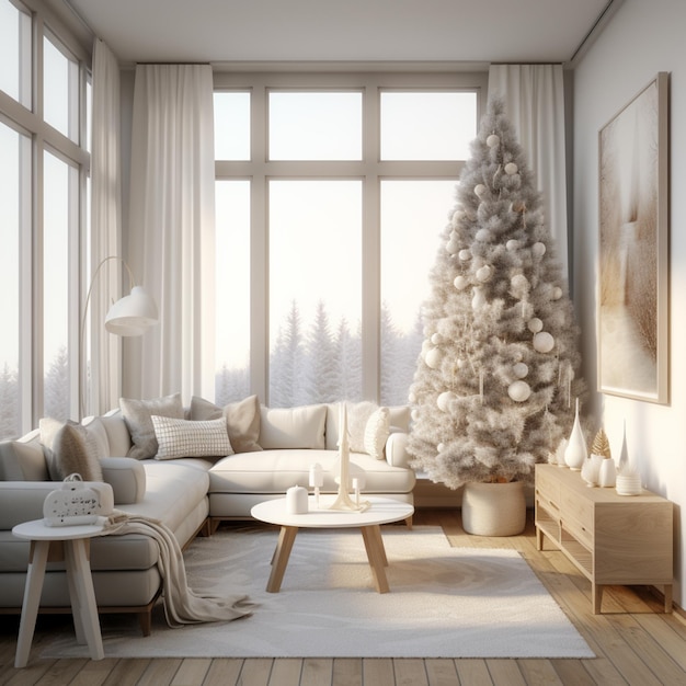 salle de séjour arrafée avec un arbre de Noël et un canapé génératif ai