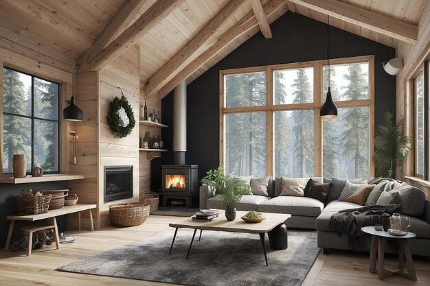 Salle de séjour de la cabane de la forêt scandinave