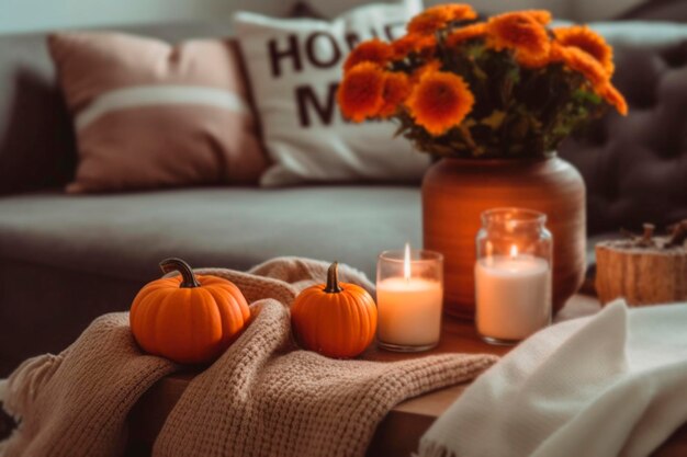 Photo salle de séjour confortable décorée pour la célébration du jour d'action de grâce coquelicots et bougies avec des fleurs d'automne dans une palette d'hiver chaude intérieur de la maison généré par l'ia