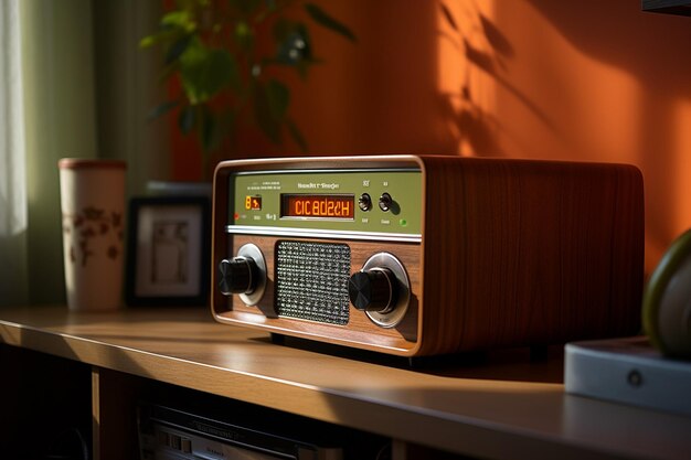 Salle de séjour inspirée des années 70 avec radio FM vintage