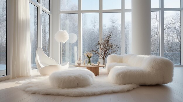 Photo salle de séjour intérieure de luxe spacieuse avec des rideaux semi-transparents