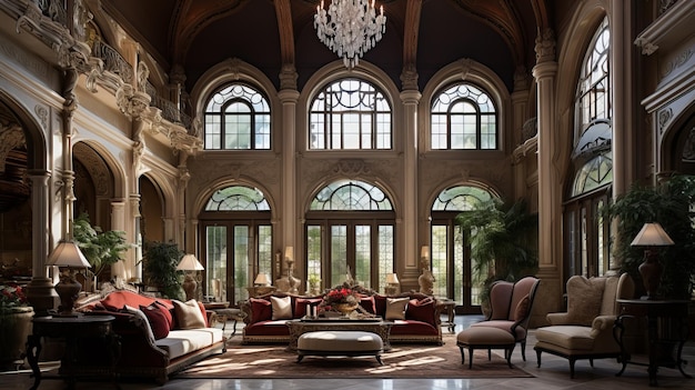 Salle de séjour ornée de lustres en cristal, de colonnes en marbre et de fenêtres voûtées