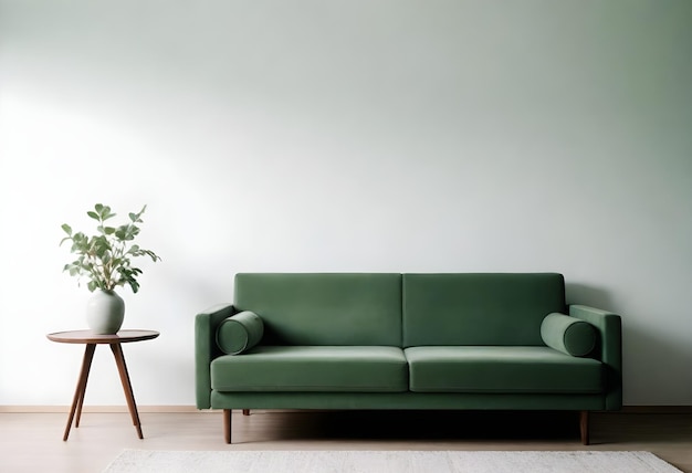 Salle de séjour vide avec canapé vert et table sur fond de mur blanc vide