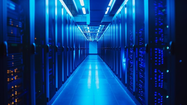 Une salle de serveur baignée dans une lumière bleue fraîche avec des rangées de supports de serveur modernes élégants bourdonnant doucement comme t