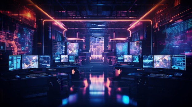 Photo une salle de serveur futuriste avec des écrans, des effets de glitch, un cyberespace sombre avec des moniteurs brûlants, des câbles, etc.