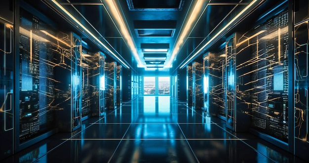 Une salle de serveur de réseau informatique est affichée avec une lumière bleue