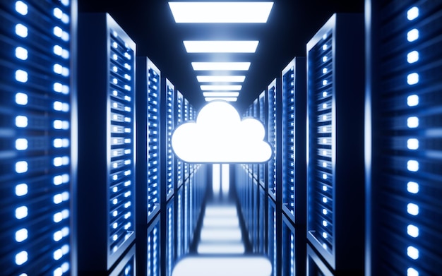 Salle des serveurs bleue Big data et cloud computing concept rendu 3d