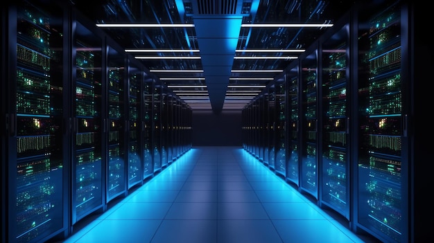 Salle de serveurs interconnectée spacieuse et sombre lumière bleue IA générative