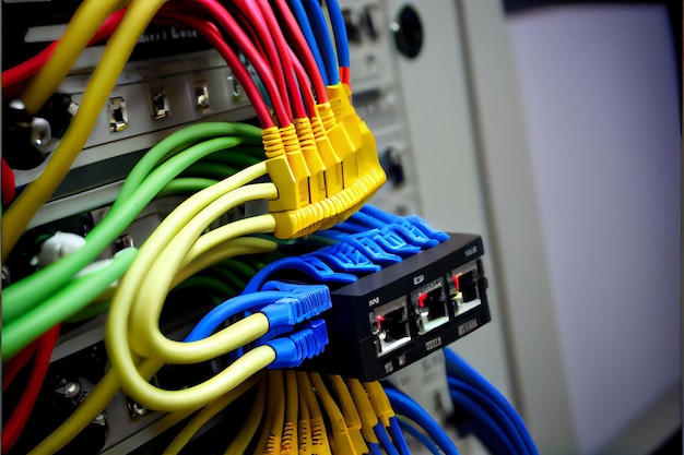 Salle des serveurs réseau Câbles sur fond de commutateurs réseau Infrastructure de câblage du centre de données