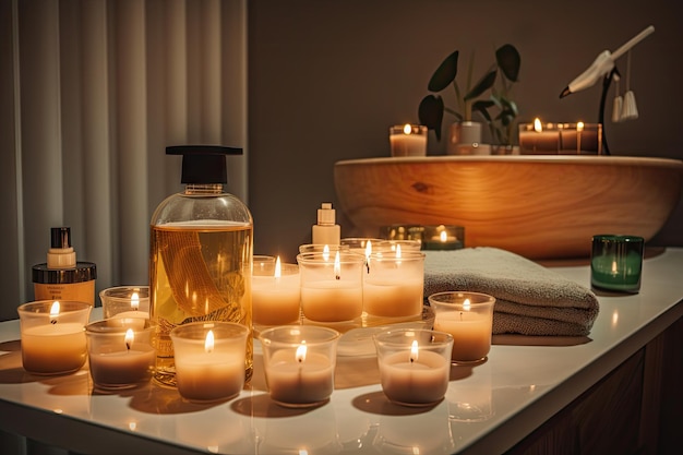 Salle de soins d'aromathérapie avec diffuseurs et bougies créant une atmosphère apaisante et relaxante