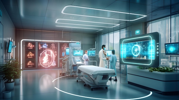 Salle de soins futuriste dans un hôpital moderne générée par l'IA