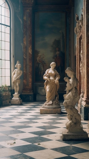 Photo une salle avec un sol en marbre et des statues de femmes.