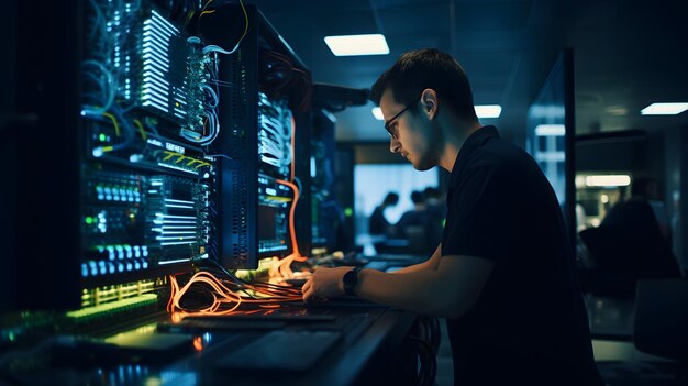 Une salle de soutien informatique avec des techniciens au travail