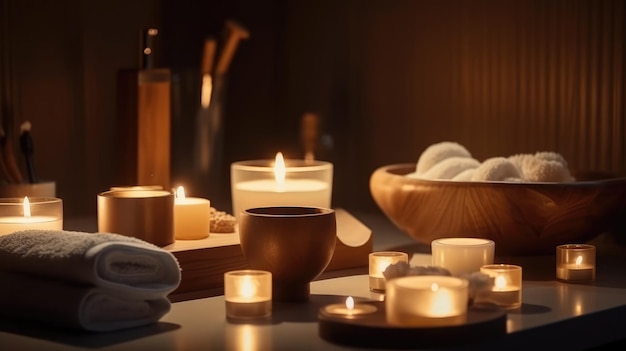 Une salle de spa avec des bougies et des serviettes sur la table