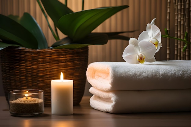 Une salle de spa avec une serviette blanche et une bougie avec du frangipanier dessus