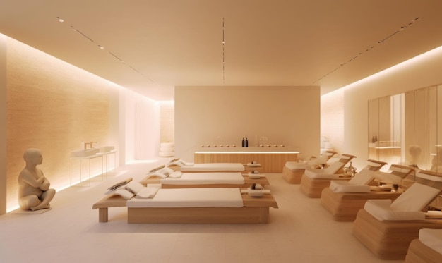 Une salle de spa avec une table de massage et des chaises.