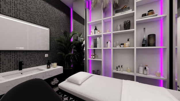 Une salle de spa avec une table et un miroir aux lumières violettes.