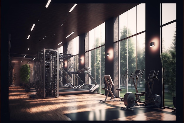 une salle de sport avec une grande fenêtre et une vue sur les arbres