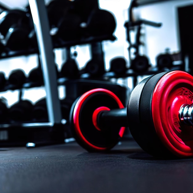 Une salle de sport avec un haltère rouge et noir au sol.