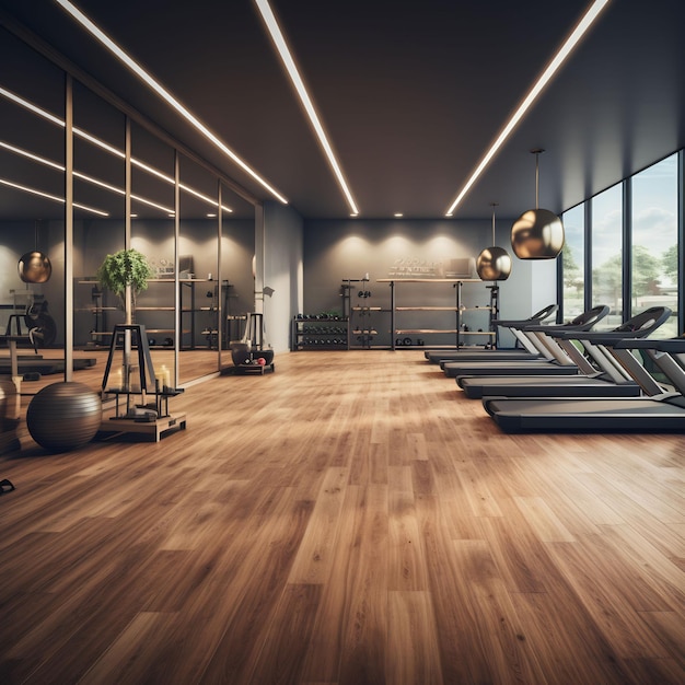 une salle de sport avec un parquet en bois et une grande fenêtre qui dit "gym"