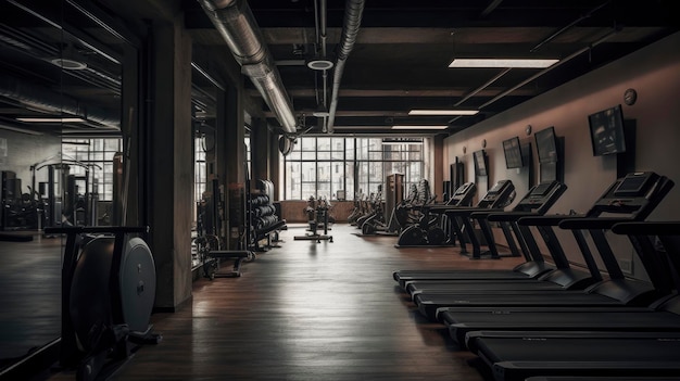 Une salle de sport avec plancher de bois et tapis de course