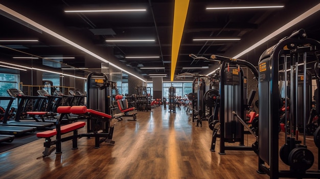 Une salle de sport avec un sol noir et une lumière jaune au plafond