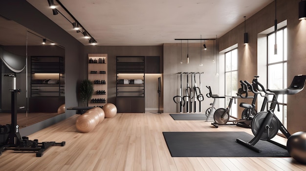 Une salle de sport avec un sol noir et un mur noir qui dit "salle de fitness"