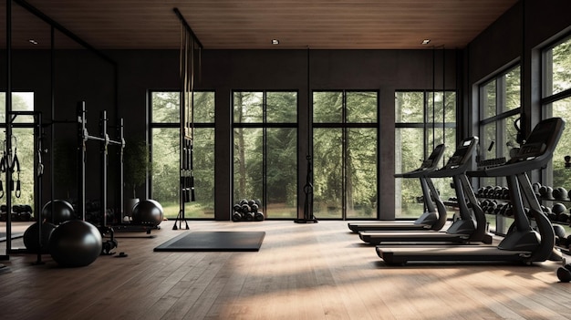 une salle de sport avec tapis roulant et équipement