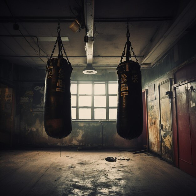 Photo une salle de sport vintage avec des sacs de boxe