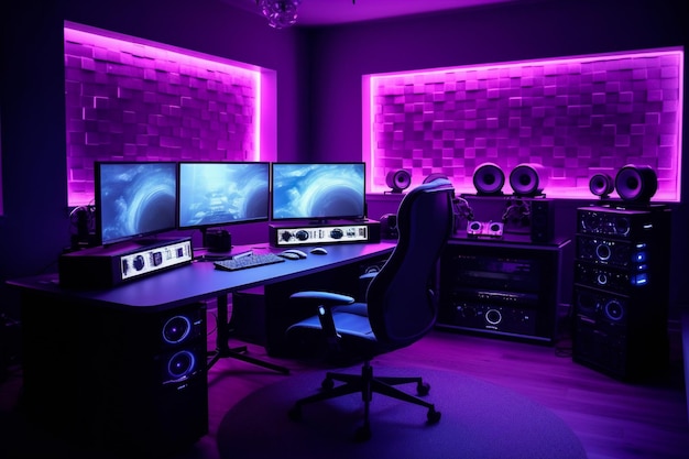Salle de streaming avec lumières violettes deux moniteurs