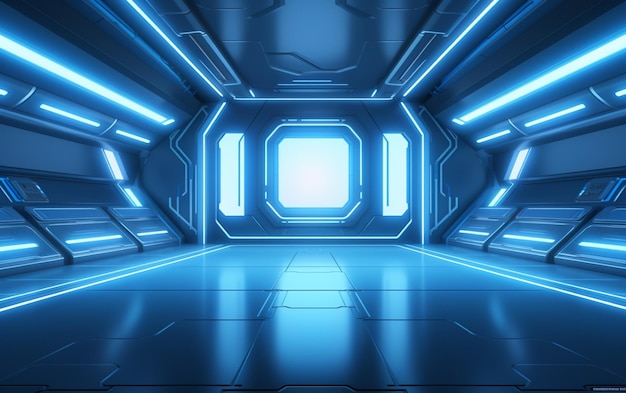 Salle de studio bleu clair vide salle de grande salle de science-fiction futuriste avec lumières bleu futur arrière-plan pour