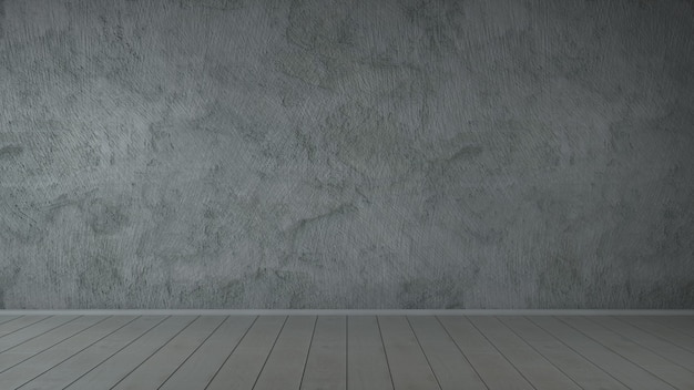 Salle de studio de murs en béton de plâtre grunge et plancher en bois, illustration 3d.