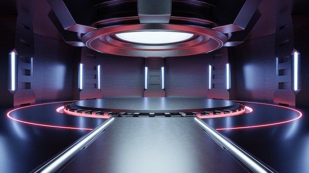 Salle de studio rouge clair vide grande salle de Sci Fi futuriste avec lumières rouges, arrière-plan futur pour la conception, rendu 3d