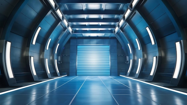 Une salle de studio vide bleu clair, futuriste, science-fiction, une grande salle avec des lumières, un fond bleu.