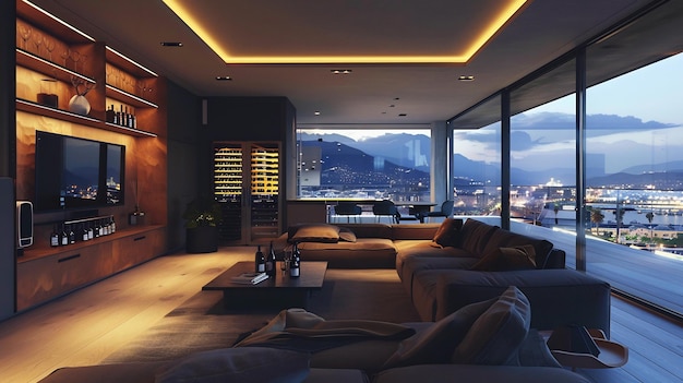 Salle de télévision de luxe moderne avec minibar équipé de boissons haut de gamme