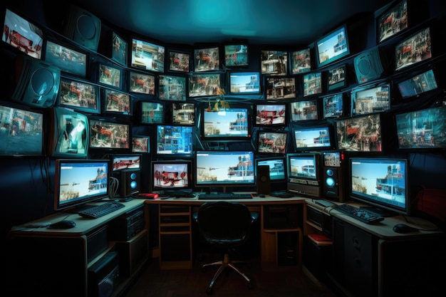 Salle de télévision avec de nombreuses photos anciennes au mur Concept de télévision Écrans d'ordinateur dans une pièce avec de nombreux écrans et moniteurs au mur AI généré