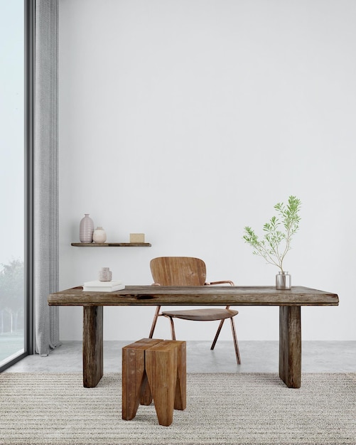 Photo salle de travail avec chaise, table et tabouret en bois fond de mur en béton blanc rendu en 3d