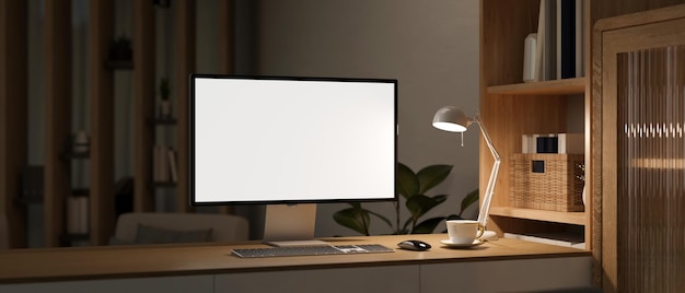 Salle de travail à domicile scandinave minimale avec maquette d'ordinateur de design d'intérieur de meubles en bois