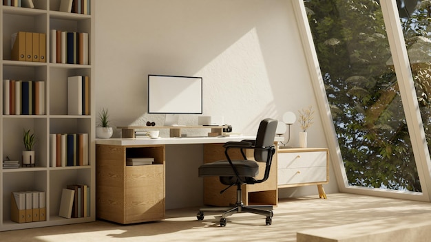 Salle de travail à la maison contemporaine moderne avec maquette d'ordinateur sur des étagères de fauteuil de table