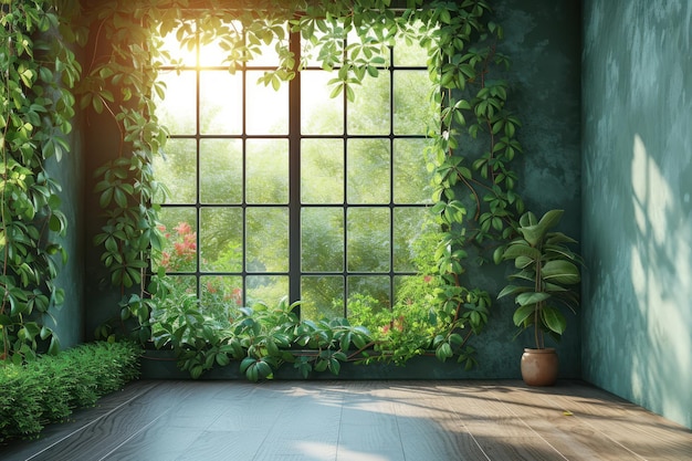 Salle verte avec fenêtre et plante en pot