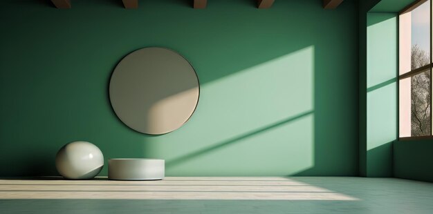 salle verte avec un miroir ovale blanc et une balle blanche sur le sol