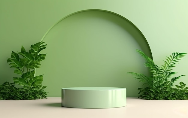 Une salle verte avec un podium rond et des plantes au sol ai générative