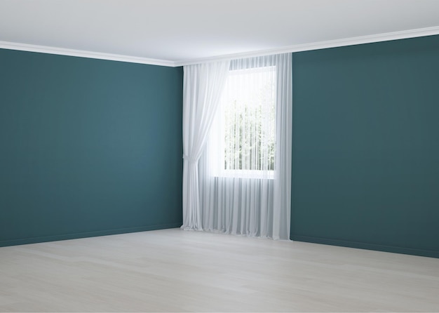 Salle vide aux murs turquoises et avec un rideau sur la fenêtre. Rendu 3D.