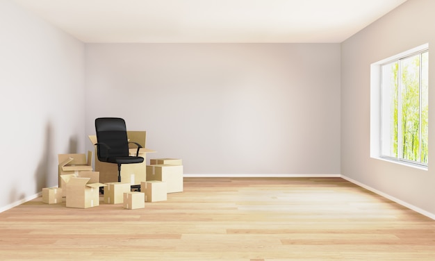 Salle vide avec boîtes mobiles et chaise de bureau