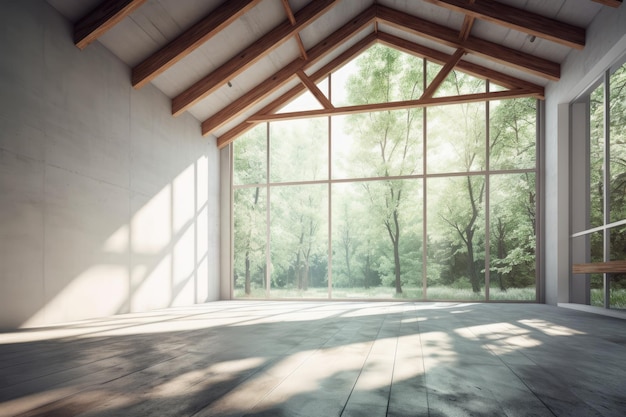 Salle vide avec de grandes fenêtres et un sol en bois IA générative