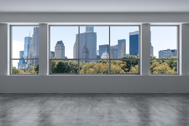 Salle vide Intérieur Gratte-ciel Vue Paysage urbain Central Park Midtown New York City Manhattan Skyline Bâtiments depuis la fenêtre Beau Cher Immobilier Jour heure rendu 3d