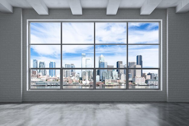 Salle vide Intérieur Gratte-ciel Vue Paysage urbain Centre-ville de Seattle City Skyline Bâtiments depuis la fenêtre de grande hauteur Belle Immobilier Jour rendu 3d