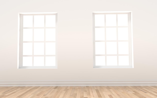 Photo salle vide intérieure blanche avec deux fenêtres en rendu 3d