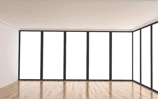 Photo salle vide intérieure blanche avec fenêtres en parquet en rendu 3d