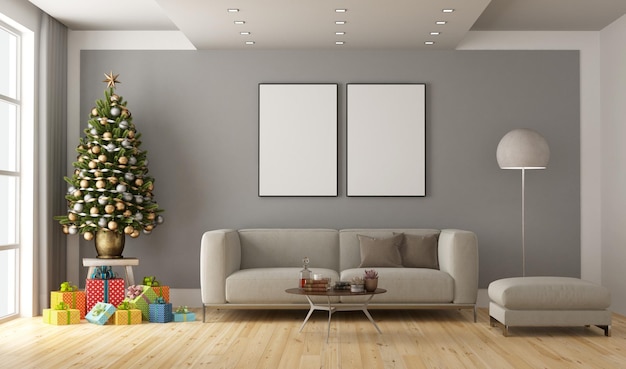 Salle vide minimaliste avec canapé sapin de Noël et cadeau